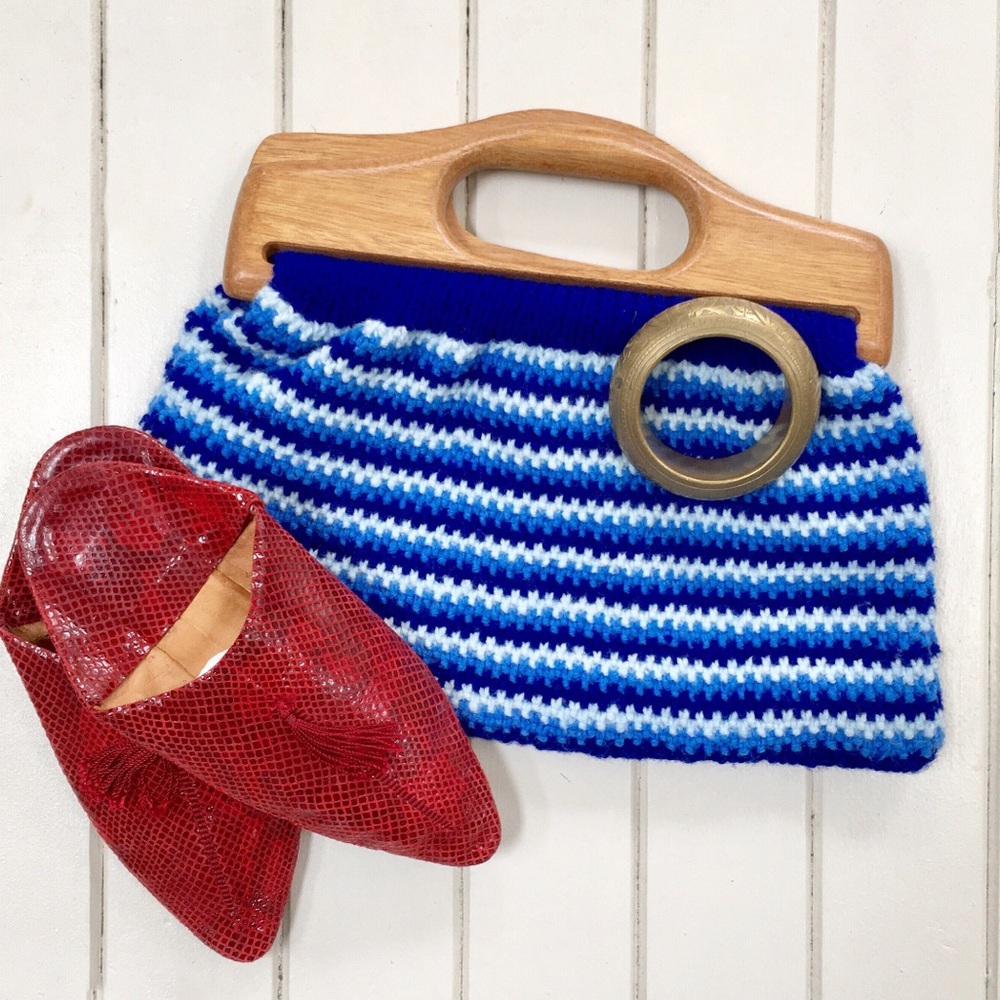 Boho Vintage Blue Striped Crochet Purse with Wood Top Handle